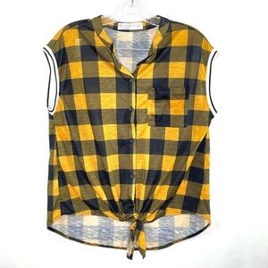 No Boundaries Yellow Black Checked Button Up Tie Front Waist Shirt Sz M